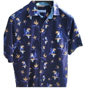 TOMMY BAHAMA Mens Seersucker Toucan Print Campshirt Short Sleeve Size Small Blue